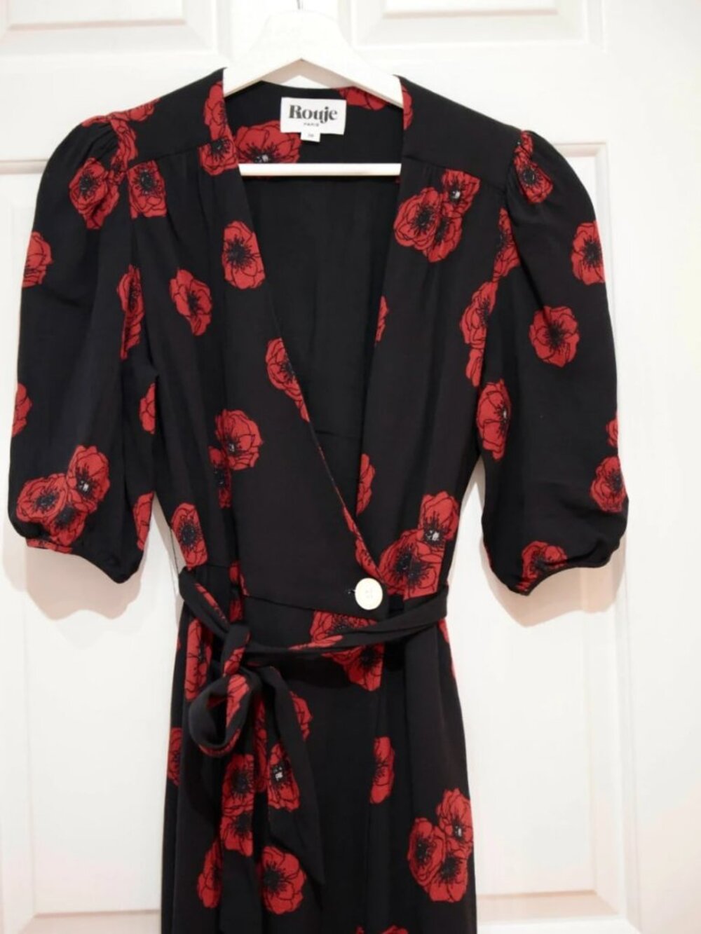 Rouje Iconic Wrap Over Midi Viscose Dress Red Black Floral
